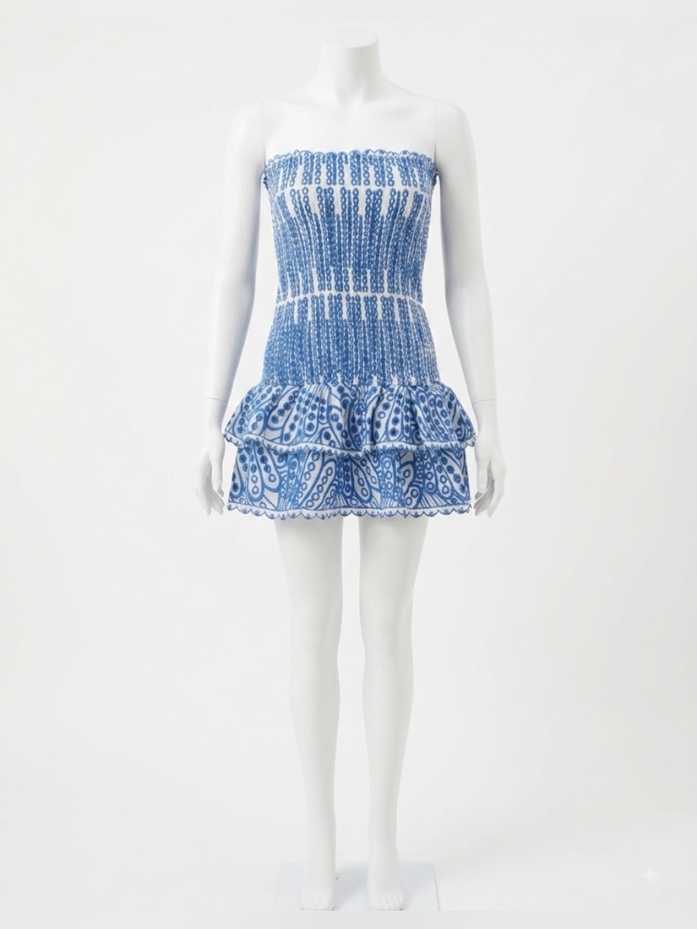 Aqua Blue & White Strapless Smocked Ruffle Mini Dress